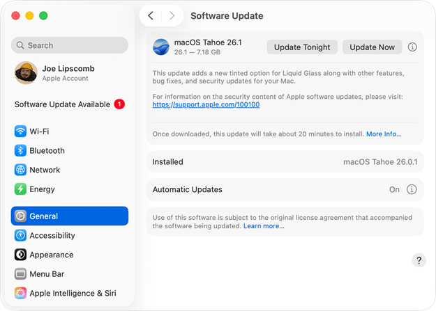 Software Update in macOS Sequoia, showing an available update.